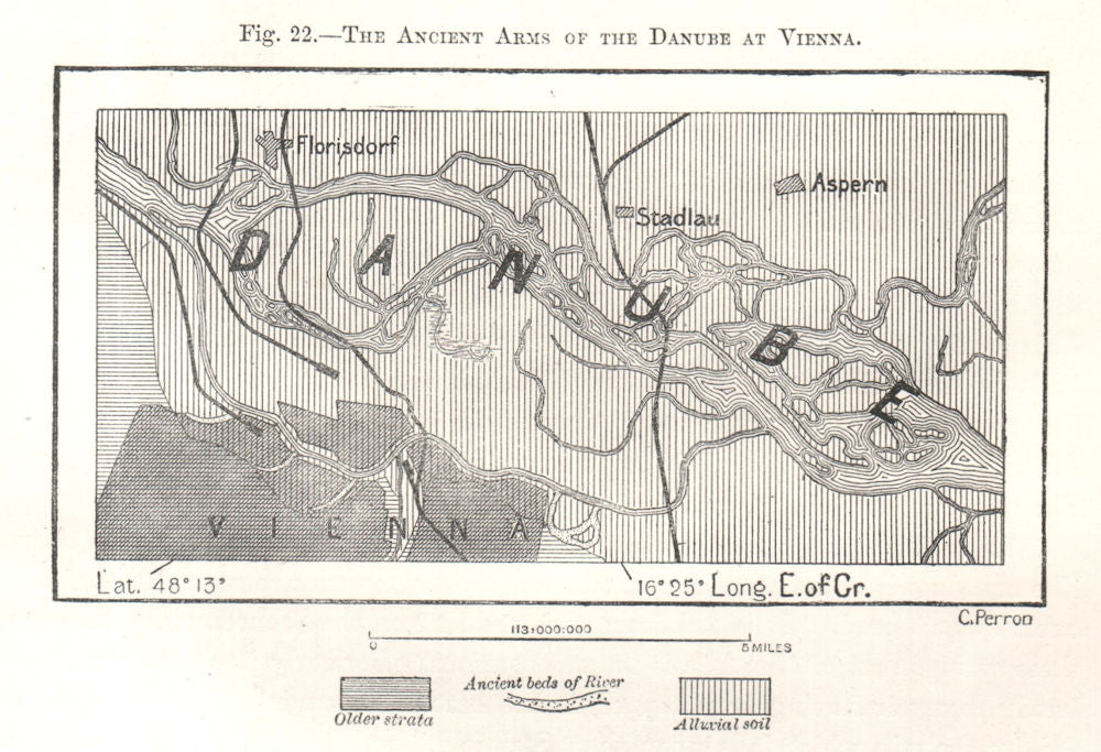 The Ancient Arms of the Danube at Vienna. Austria. Sketch map 1885 old
